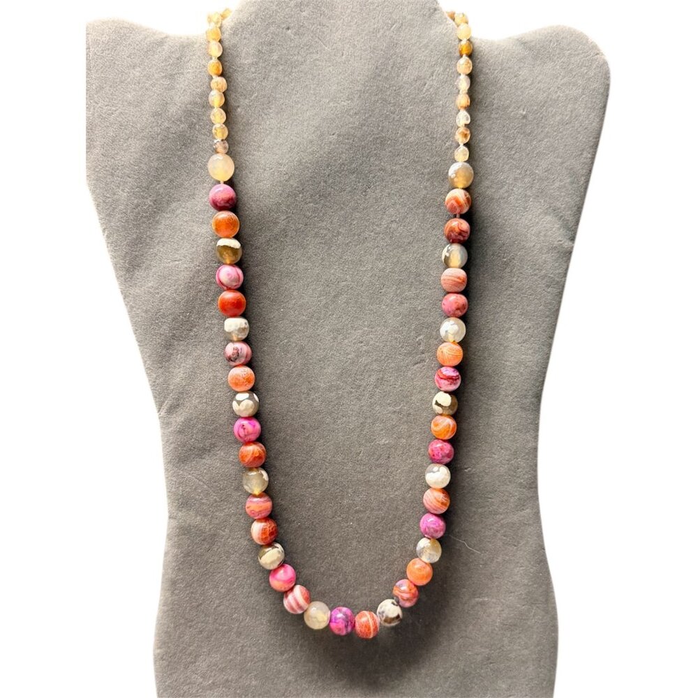 Bead Necklace Agate & Rhodochrosite Faceted 24" Boho Sterling Toggle Clasp